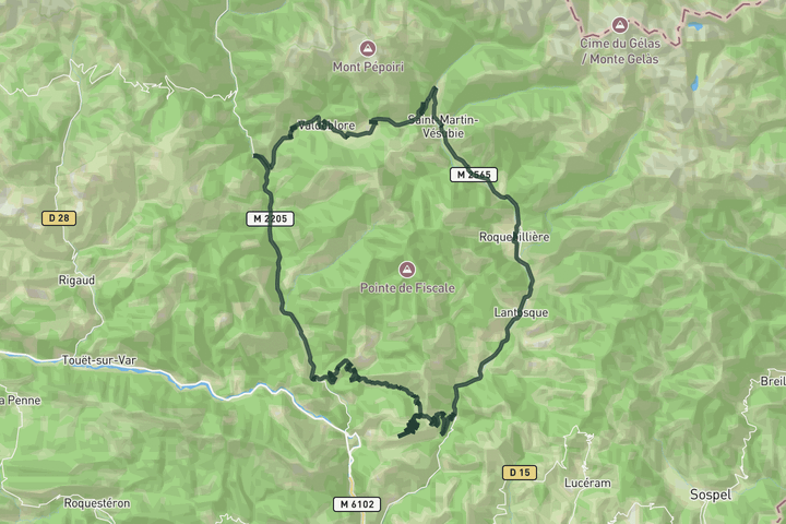 cycling map for Two Valleys loop from Roquebillière