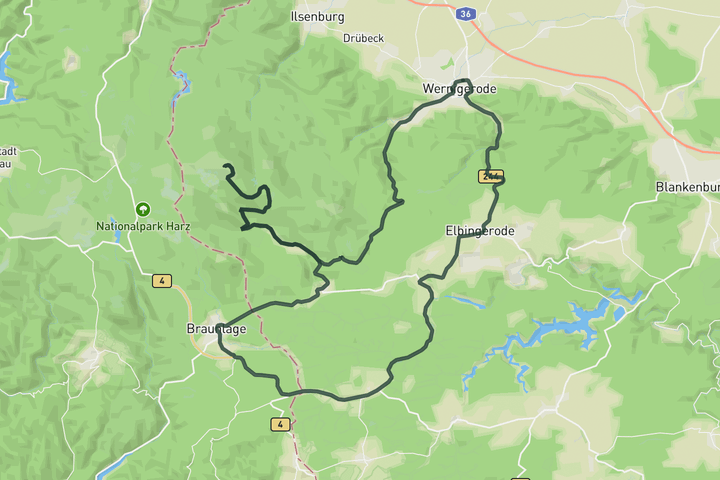 road cycling route map for Brocken Loop from Wernigerode