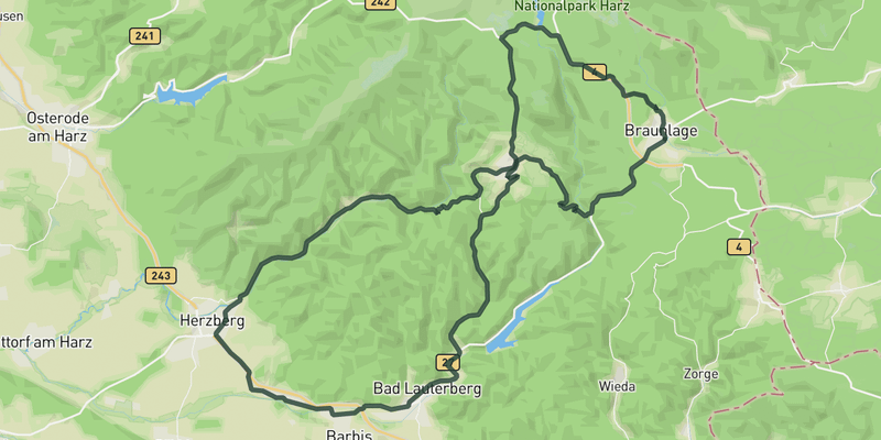 Loop from Braunlage to Herzberg road cycling route map