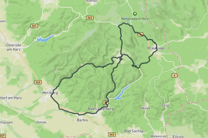 road cycling route map for Loop from Braunlage to Herzberg