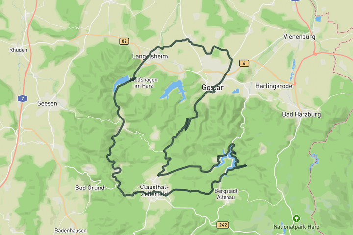road cycling route map for Loop from Goslar to the Upper Harz