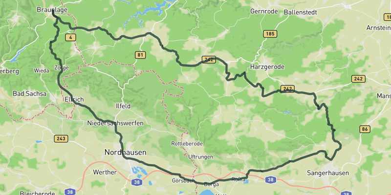 The karst landscape of the Southern Harz road cycling route map