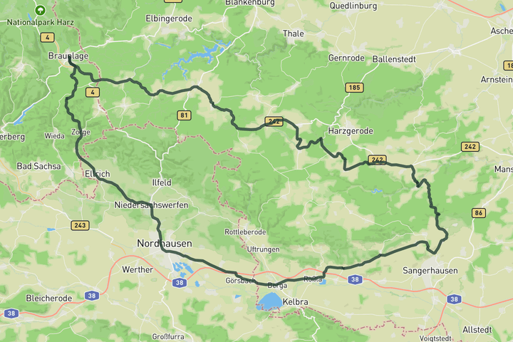 road cycling route map for The karst landscape of the Southern Harz