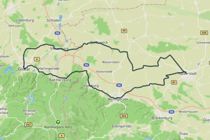 road cycling route map for Through the Northern Harz foreland