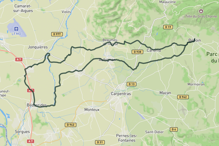road cycling route map for Into the Provence countryside