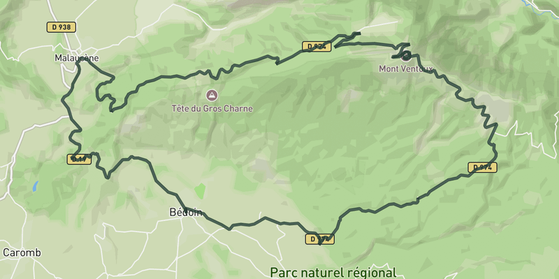 Mount Ventoux from Bèdoin descending by Malaucène road cycling route map