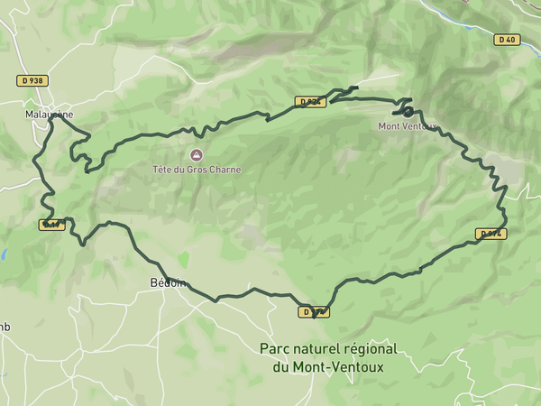 Mount Ventoux from Bèdoin descending by Malaucène route map