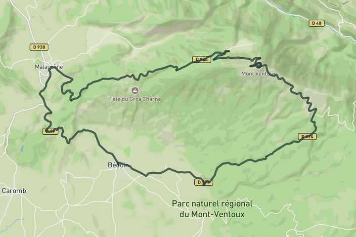 Mount Ventoux from Bèdoin descending by Malaucène route map