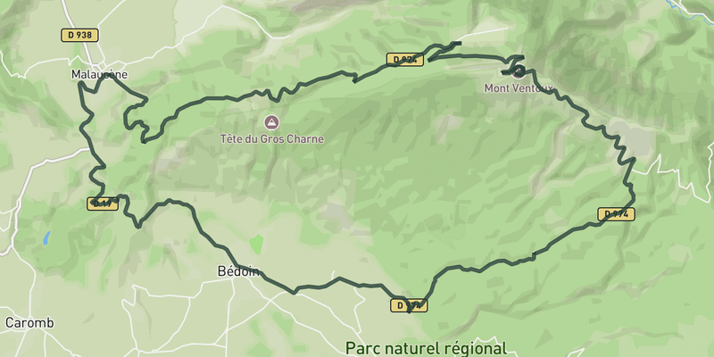 Mount Ventoux from Malaucène descending by Bèdoin road cycling route map