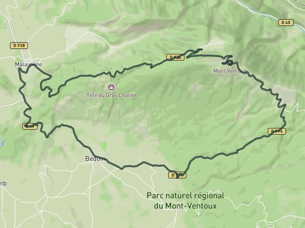 Mount Ventoux from Malaucène descending by Bèdoin route map