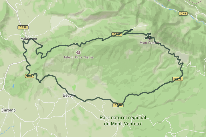 road cycling route map for Mount Ventoux from Malaucène descending by Bèdoin