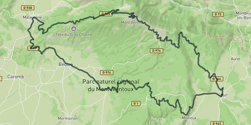 Mount Ventoux from Sault descending by Malaucène road cycling route map