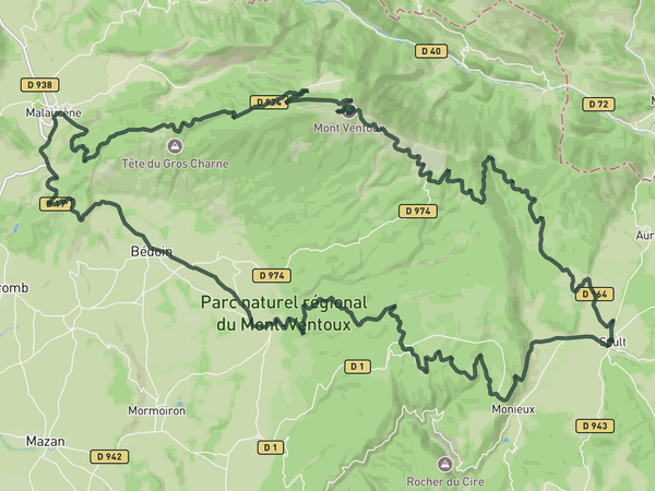 Mount Ventoux from Sault descending by Malaucène route map