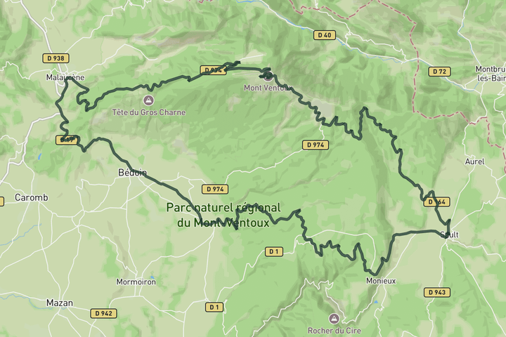 road cycling route map for Mount Ventoux from Sault descending by Malaucène