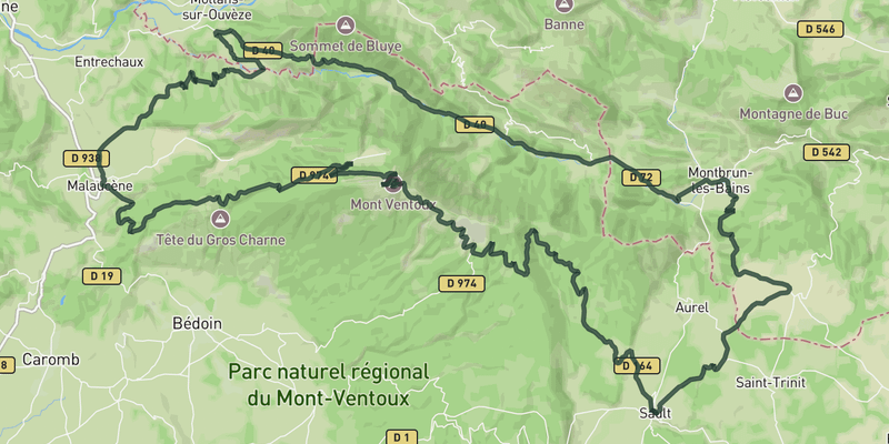 Sault - Ventoux loop return via Toulourenc road cycling route map