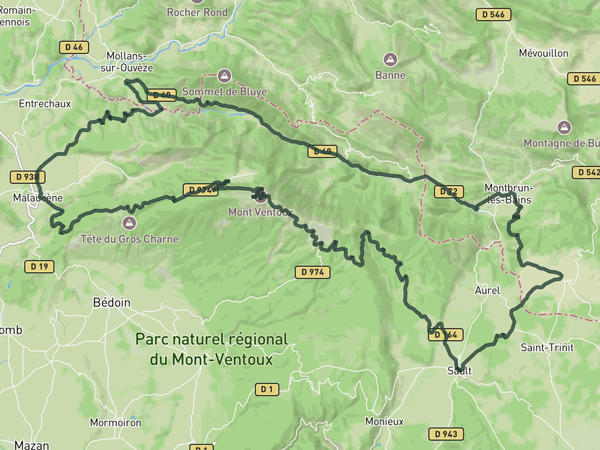 Sault - Ventoux loop return via Toulourenc route map