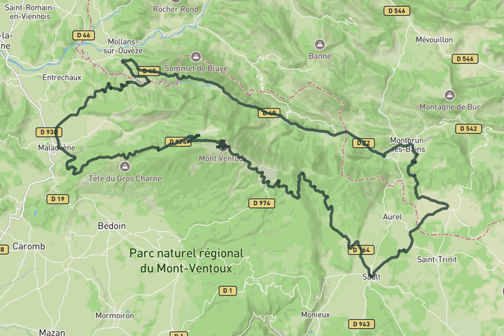 road cycling route map for Sault - Ventoux loop return via Toulourenc