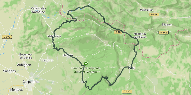Tour du Ventoux and Gorges de la Nesque road cycling route map