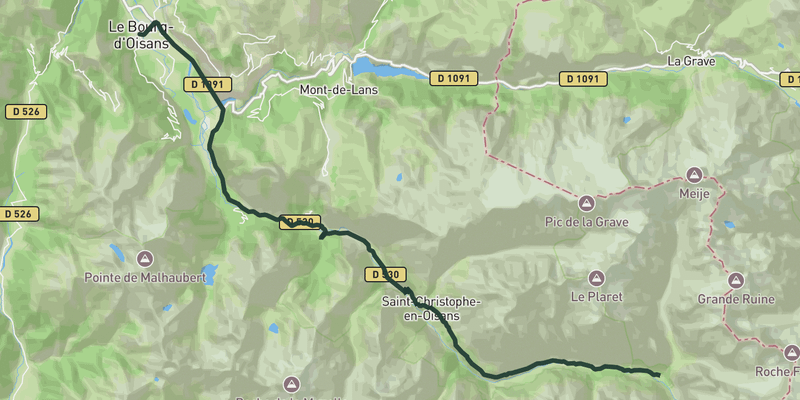 Along the river: La Bérarde road cycling route map