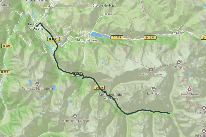 road cycling route map for Along the river: La Bérarde