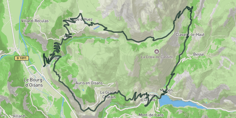 Alpe d'Huez with return via Route de la Roche road cycling route map