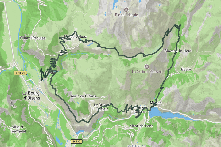 road cycling route map for Alpe d'Huez with return via Route de la Roche
