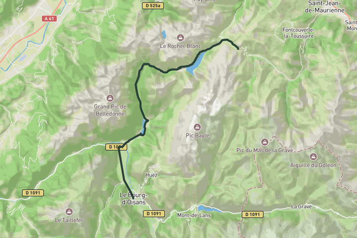 road cycling route map for Col de la Croix de Fer from Le Bourg-d'Oisans