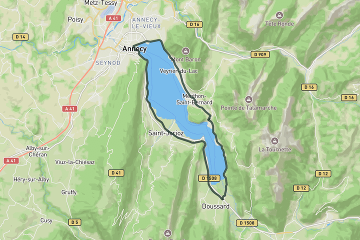 road cycling route map for Around Lake Annecy