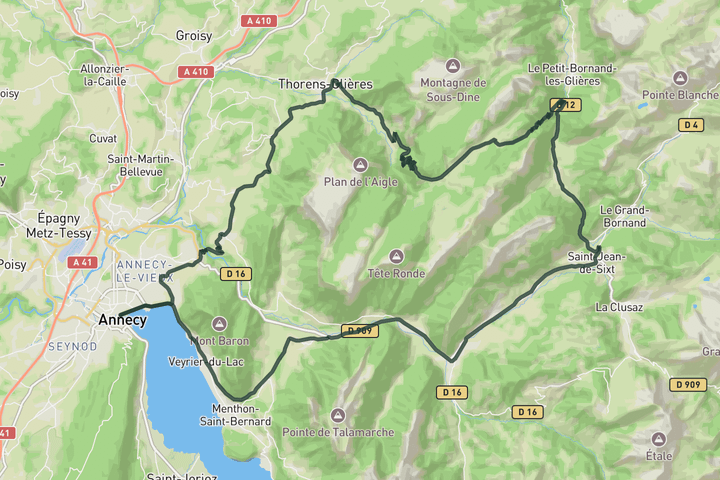 road cycling route map for Plateau des Glières