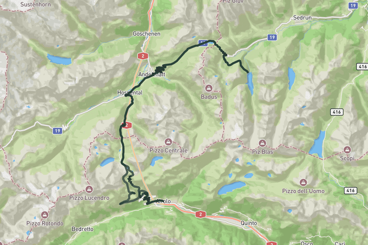 road cycling route map for Airolo to Lai da Curnera