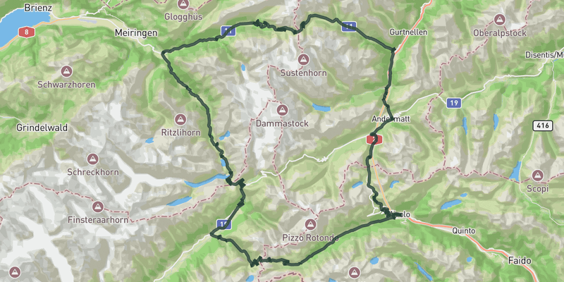Alpine Quad N°2: Susten - Grimsel - Nufenen - Gotthard road cycling route map