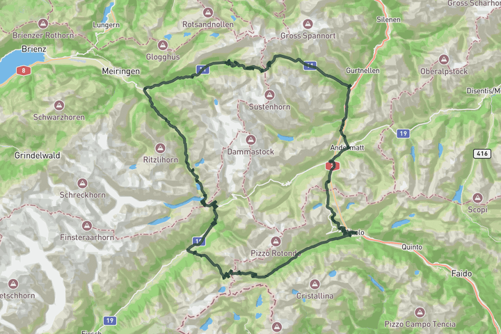 road cycling route map for Alpine Quad N°2: Susten - Grimsel - Nufenen - Gotthard