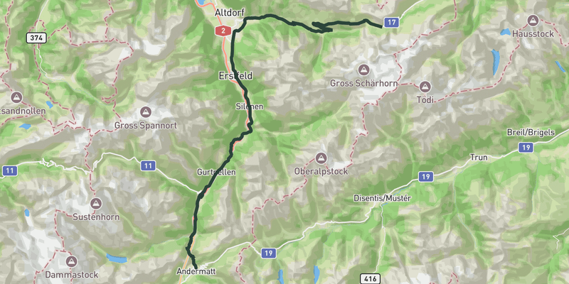 Climb from Andermatt to Klausen Pass road cycling route map
