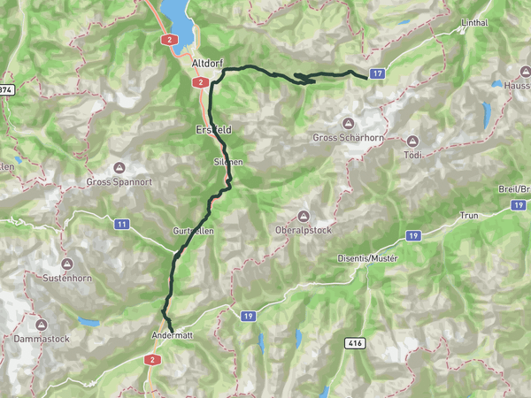 Climb from Andermatt to Klausen Pass route map