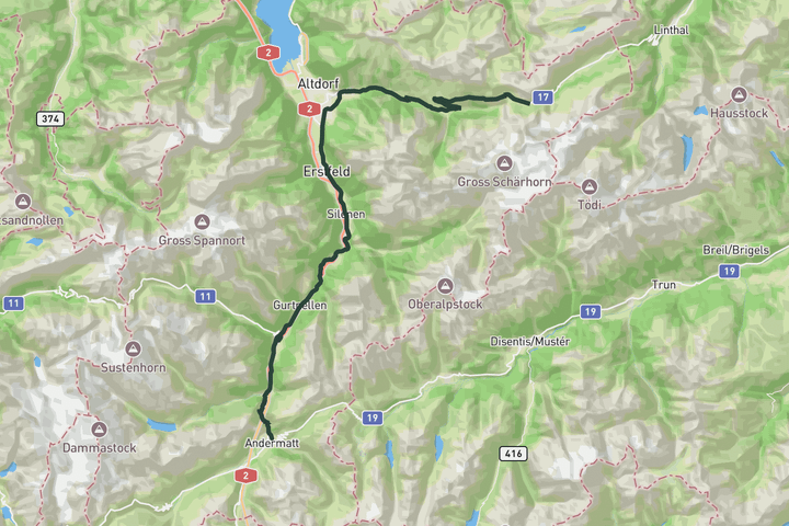 road cycling route map for Climb from Andermatt to Klausen Pass