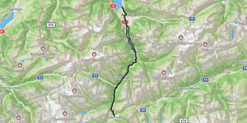From Andermatt to the Lake Lucerne road cycling route map