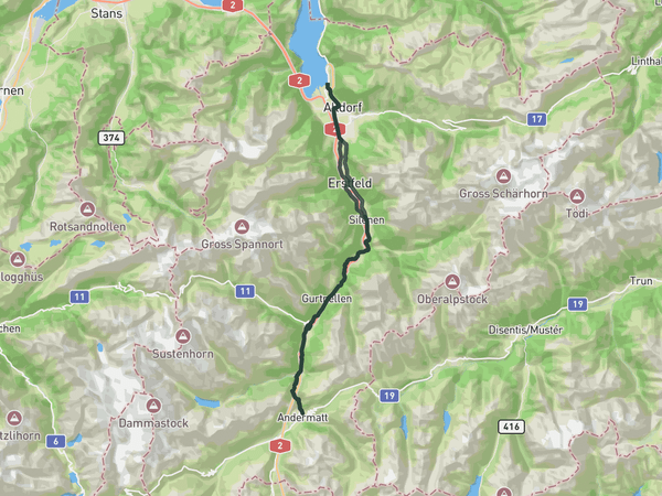 From Andermatt to the Lake Lucerne route map