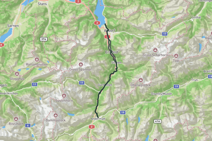 road cycling route map for From Andermatt to the Lake Lucerne