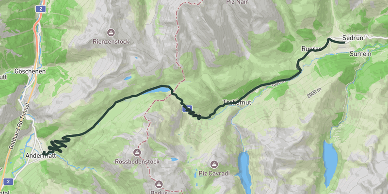 From Andermatt via Oberalp Pass to Sedrun road cycling route map
