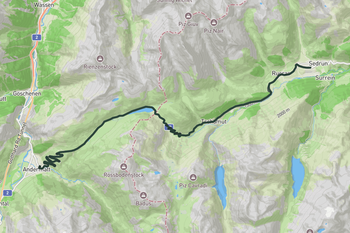 road cycling route map for From Andermatt via Oberalp Pass to Sedrun