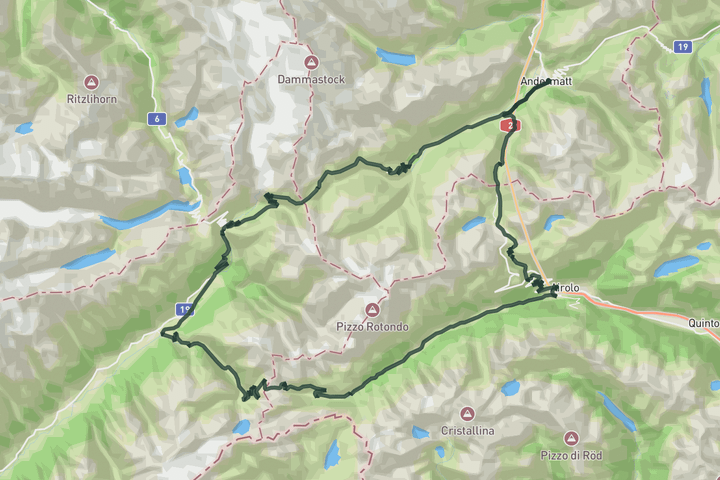 road cycling route map for Furka, Nufenen & Gotthard from Andermatt
