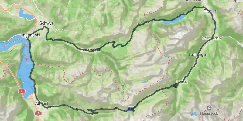 Klausenpass - Pragelpass - Urnersee road cycling route map