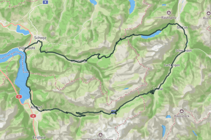 road cycling route map for Klausenpass - Pragelpass - Urnersee