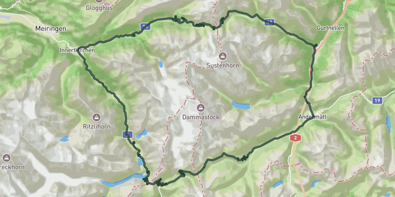 The High Triple: Susten, Grimsel & Furka road cycling route map