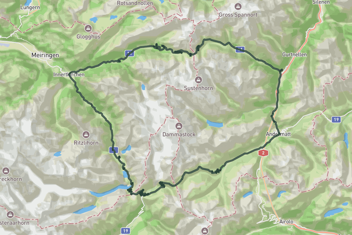 road cycling route map for The High Triple: Susten, Grimsel & Furka